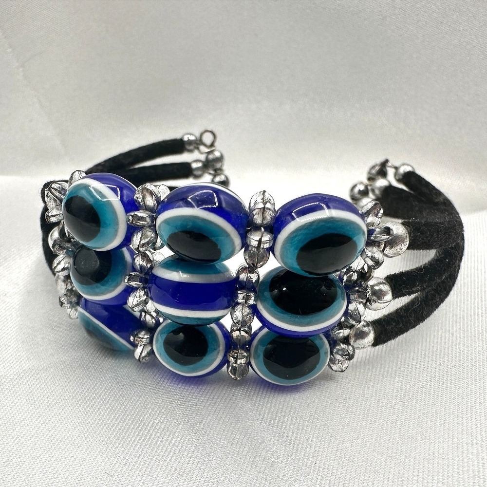 Vintage 90s Evil Eye Bracelet Blue Glass Beads Silver Tone Multi-Strand Boho Y2K